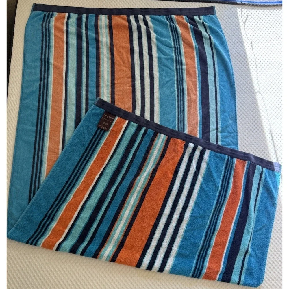 Tommy Bahama Home Beach Towel Blue Orange Turquoise Stripe 100% Cotton 62x34